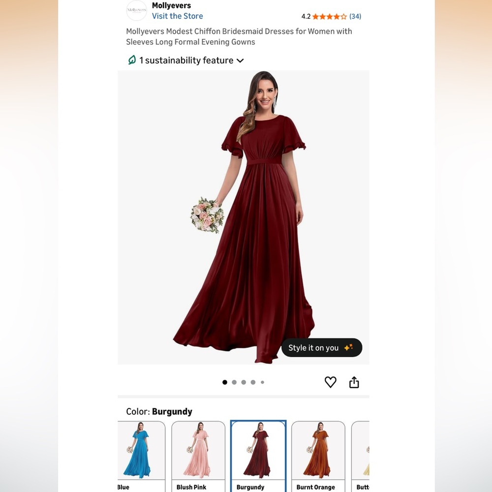 Burgundy Modest Chiffon Evening Dress